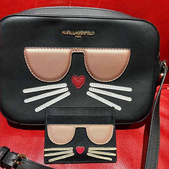 Karl lagerfeld black crossbody bag with cat face and matching card case - Picture 1 of 16